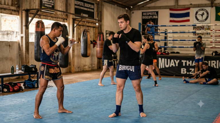 Aluno iniciante durante a primeira aula de muay thai na academia