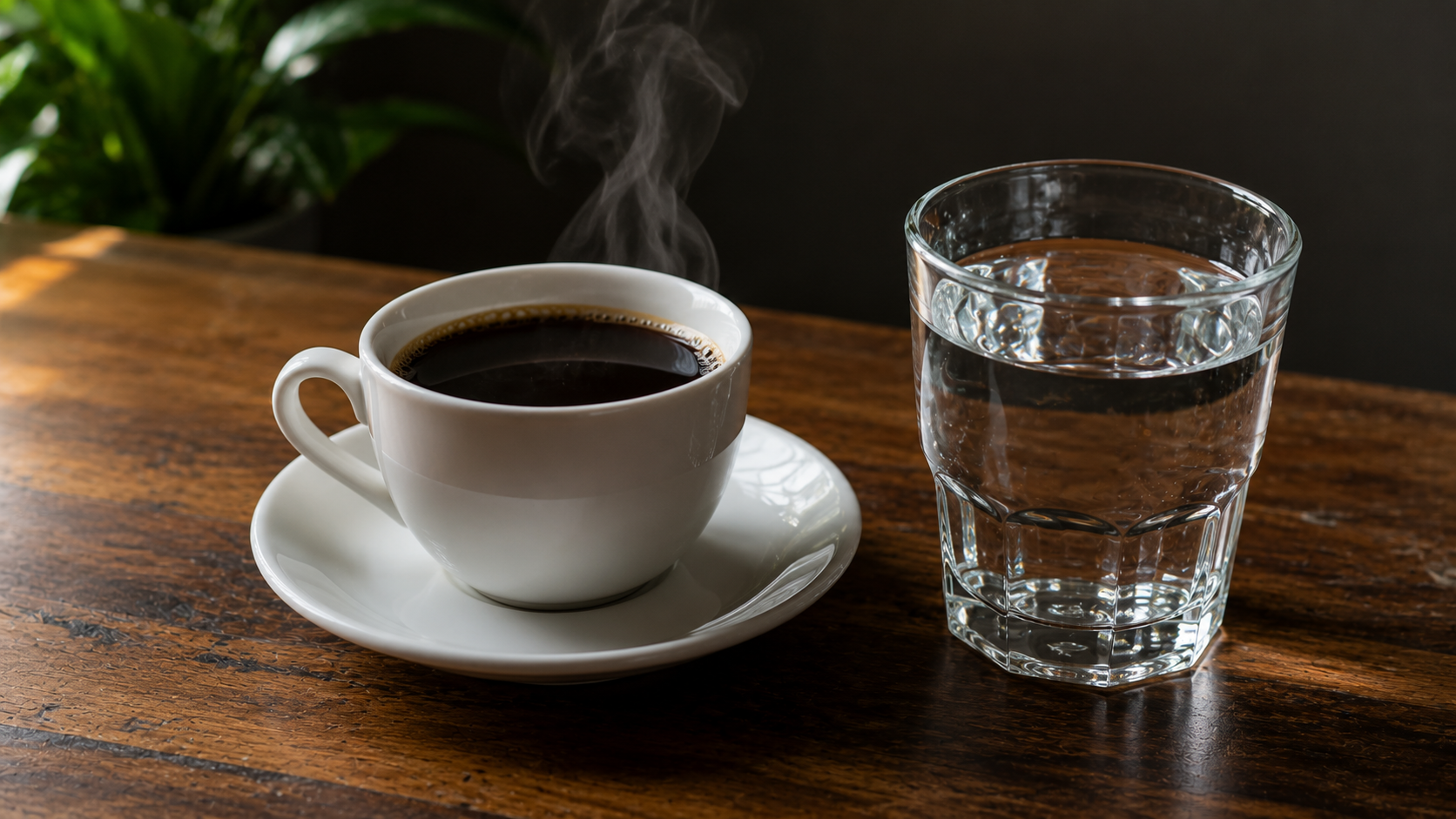 Café no jejum: xícara de café puro ao lado de copo de água