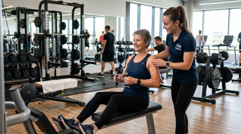 Musculação 50+: pessoa acima dos 50 anos treinando força com orientação profissional
