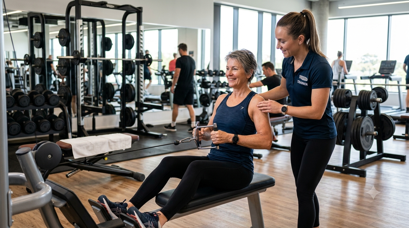 Musculação 50+: pessoa acima dos 50 anos treinando força com orientação profissional