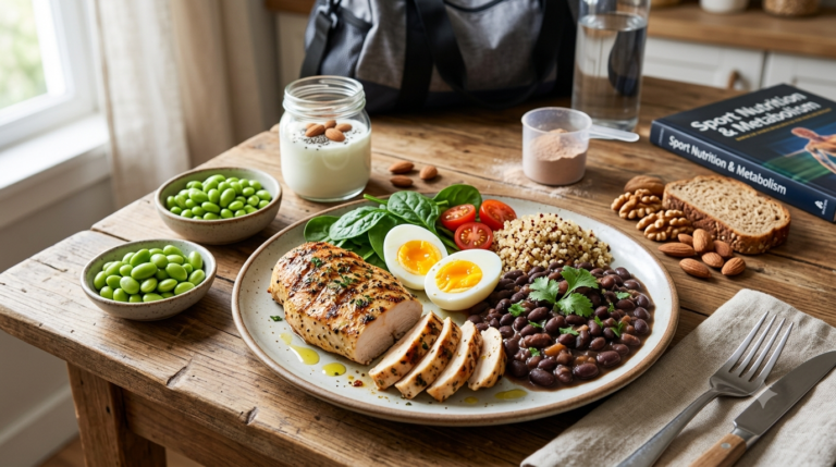 Proteína para ganhar massa muscular: prato com frango, ovos, feijão e fontes proteicas