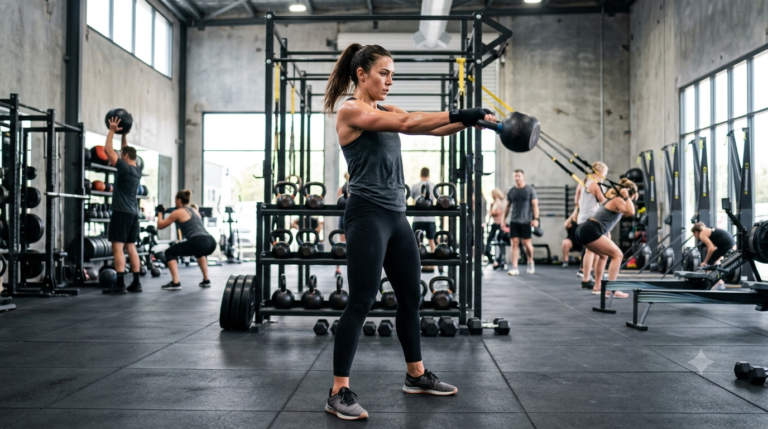 Resistência muscular: pessoa em treino de circuito funcional com carga moderada.