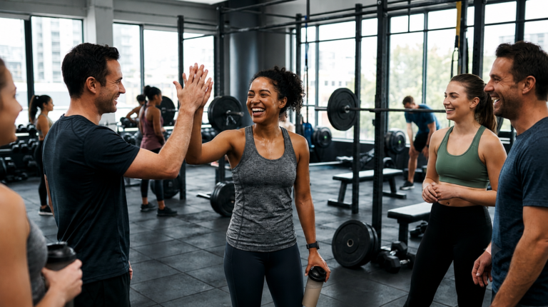 Exercício e saúde mental: pessoa sorrindo após treino de força em grupo