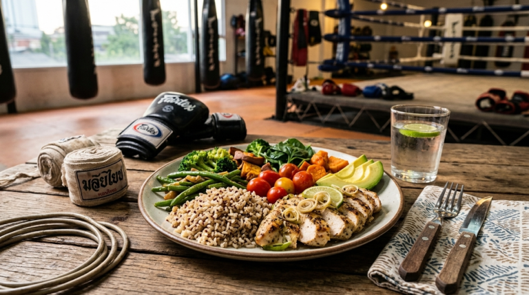 Prato de comida saudável representando nutrição esportiva para praticantes de muay thai