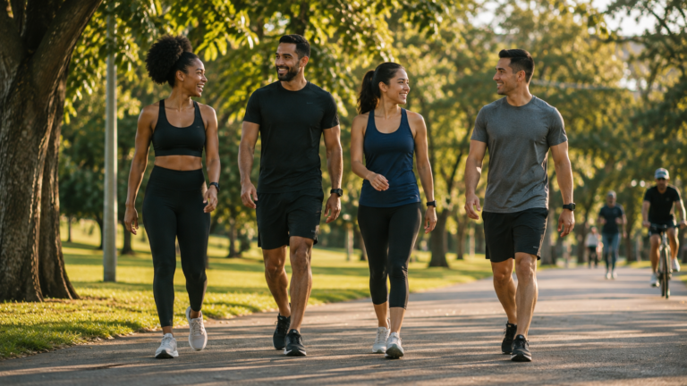 Estilo de vida ativo: grupo de pessoas caminhando ao ar livre em um parque