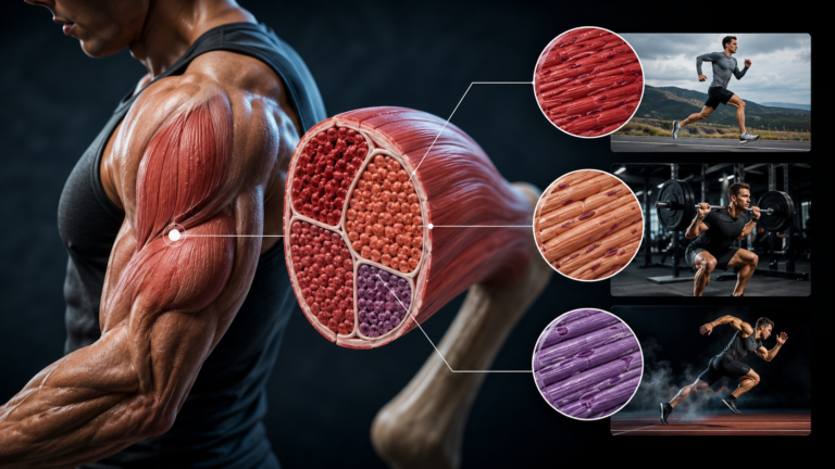 Fibras musculares: ilustração dos tipos de fibra I, IIa e IIx no músculo esquelético