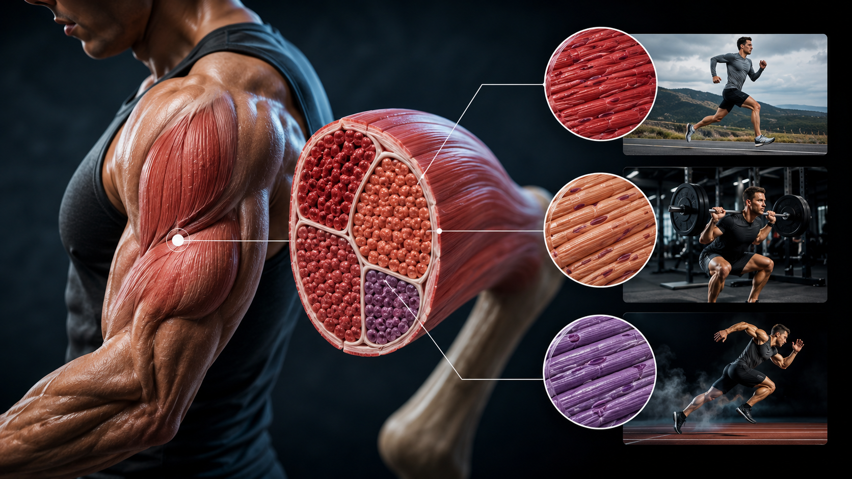 Fibras musculares: ilustração dos tipos de fibra I, IIa e IIx no músculo esquelético