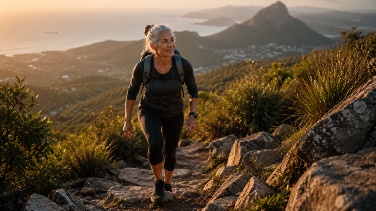 Massa muscular e envelhecimento: mulher idosa subindo trilha ao ar livre com passo firme