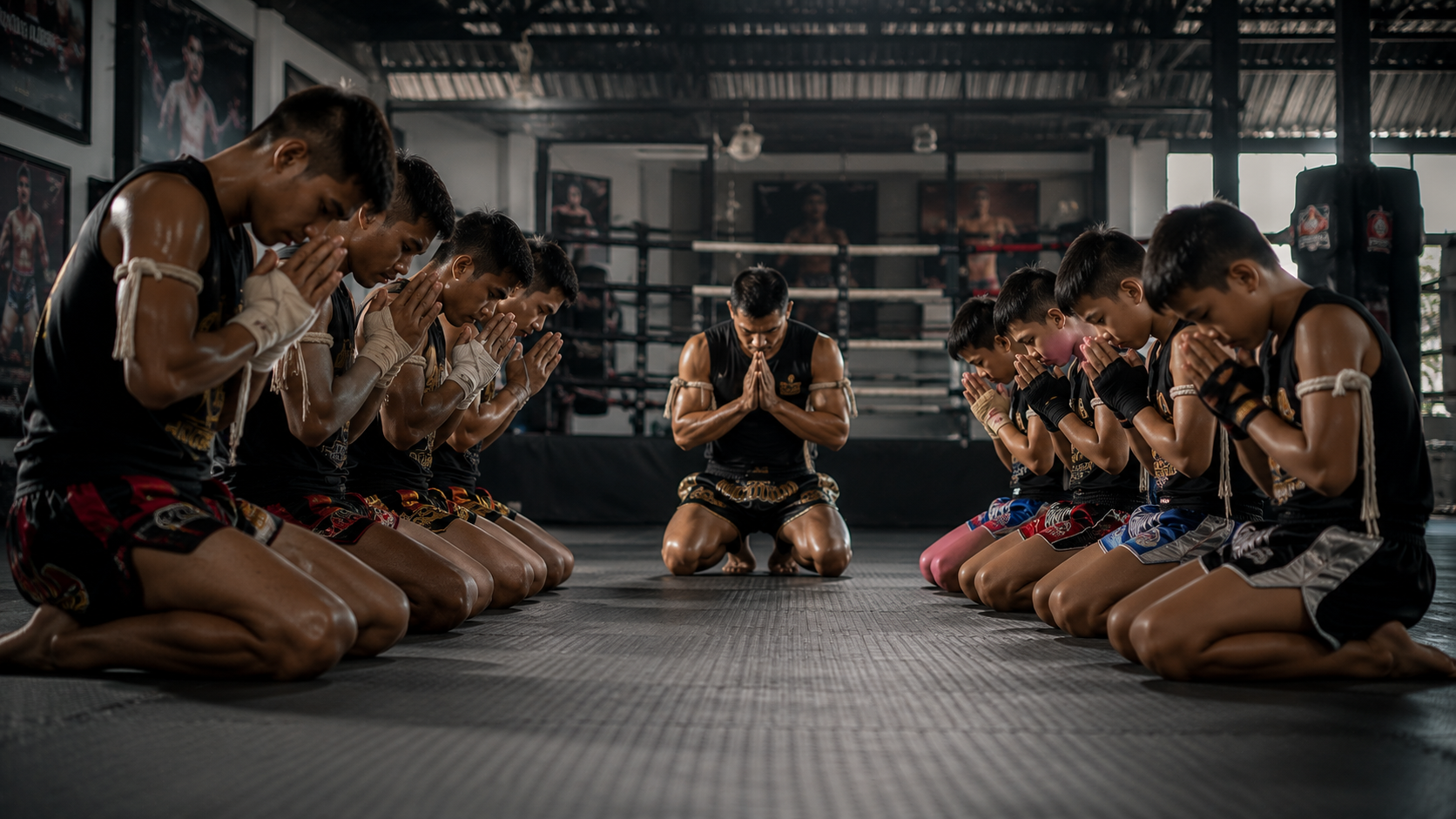 Praticantes reverenciando no tatame, representando os valores do muay thai